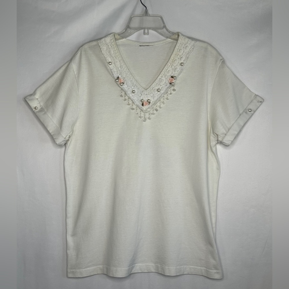 Cottagecore Off White V Neck T-Shirt Embellished Lace Pearls Roses‎  Casual